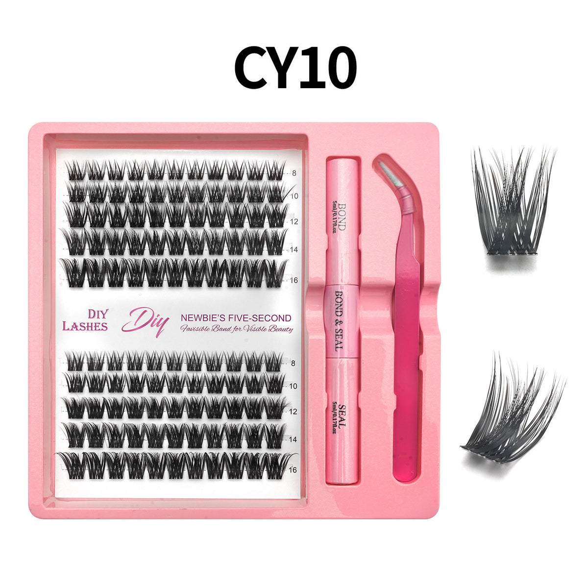 Lash cluster style CY10 in a 10 row tray with dual-ended glue pen, tweezers and a close-up of the cluster shape