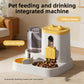 White pet feeder and water dispenser set shown on a floor beside a cat in a bright room