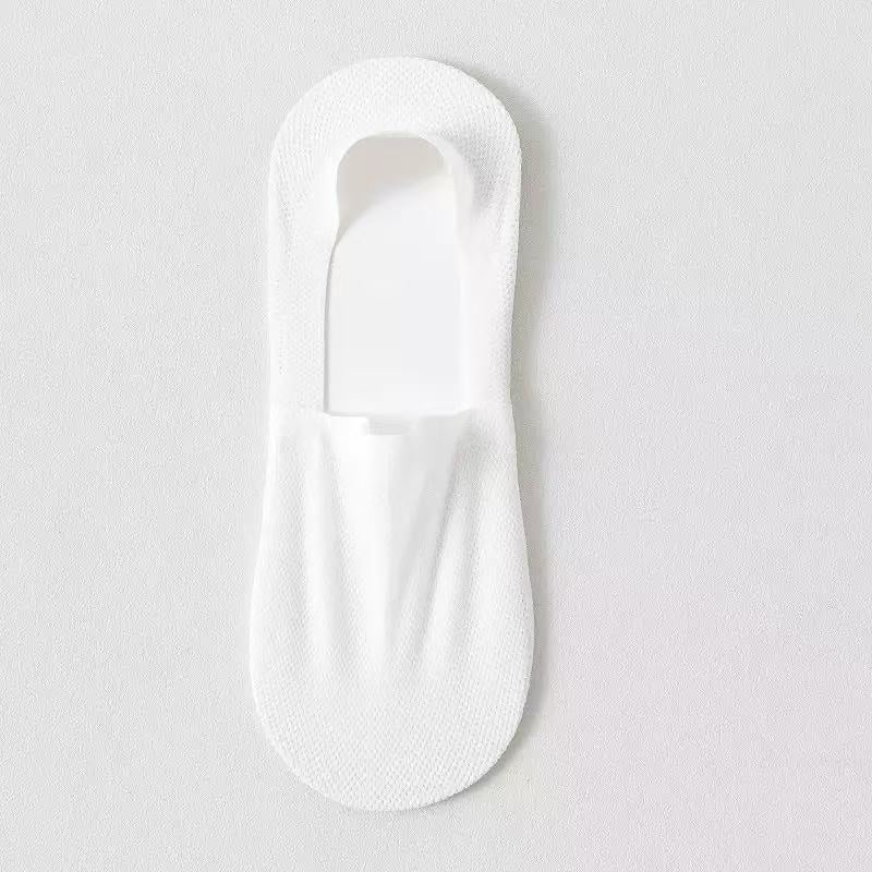 White low-cut sock top view with mesh upper and deep opening for loafers