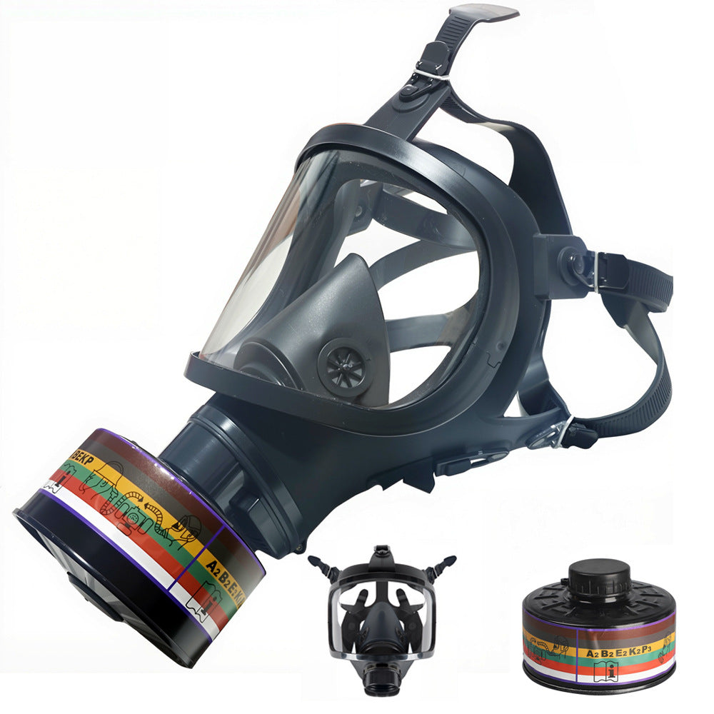 Full face respirator with the multi band A2 B2 E2 K2 P3 canister and product detail insets