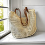 Hand-Woven Cotton Beach Tote Bag, Crochet Weave, Leather Straps