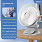 White clip fan clamped to a table with a maker panel listing stand, clamp and hang uses