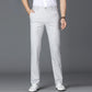 Light gray linen blend mens straight leg trousers full length front studio view