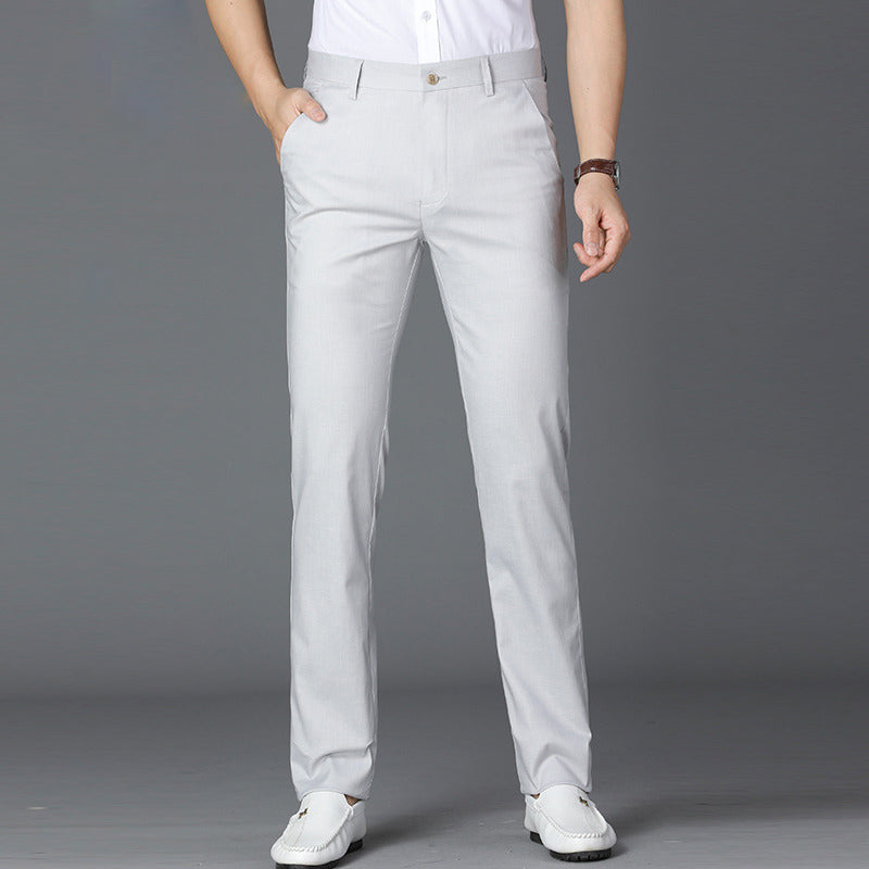 Light gray linen blend mens straight leg trousers full length front studio view