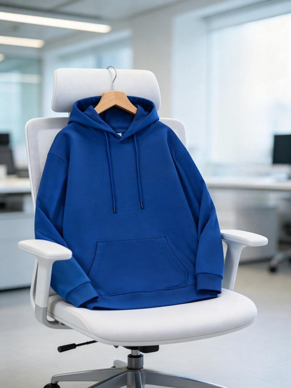 Royal blue pullover hoodie hanging on a white office chair, a color not among the options