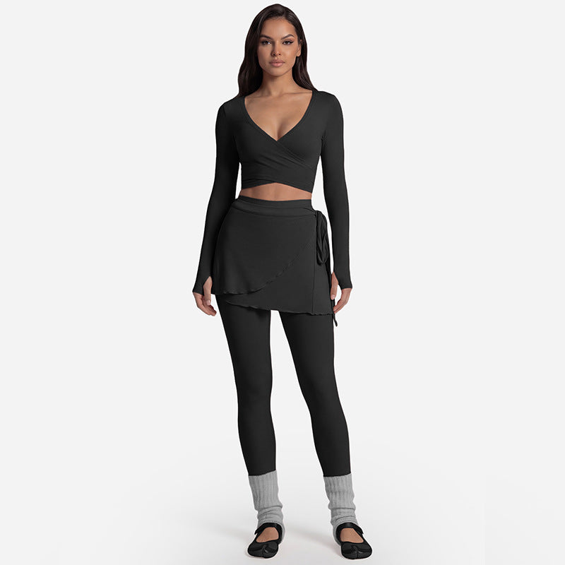 Ballet wrap skirt tied over full length leggings in the yoga set