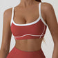 Colorway of the nylon and spandex activewear two piece with contrast line detailing