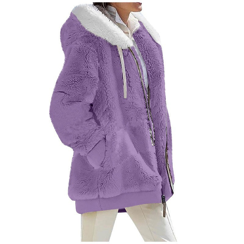 Women's loose plush hooded zip jacket with a contrast lined drawstring hood and two zip pockets