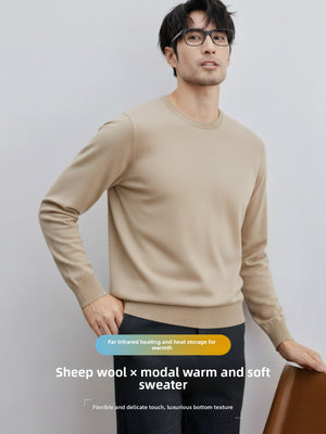 Side profile of the wool blend knit sweater showing sleeve and ribbed cuff detail