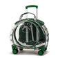 Transparent green pet carrier on wheels with a zipped round clear door, green trim and a telescopic handle