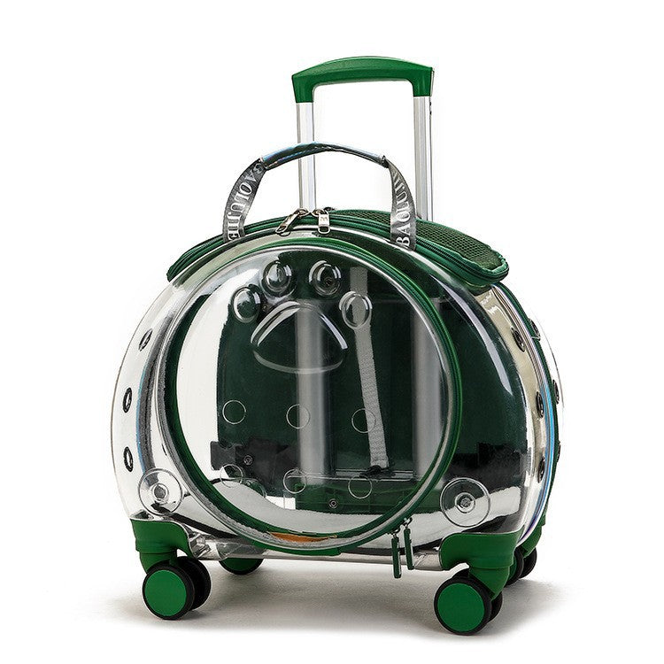 Transparent green pet carrier on wheels with a zipped round clear door, green trim and a telescopic handle