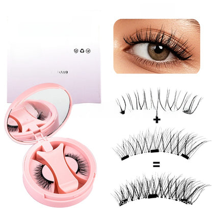 Pink round magnetic lash case with applicator beside a close-up eye and two black lash strips