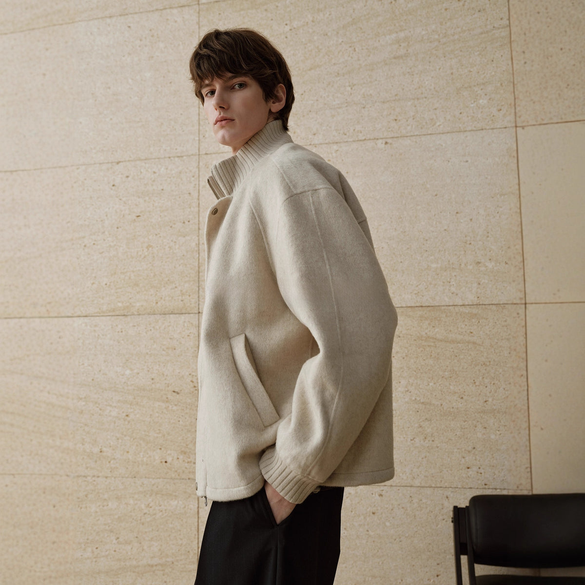 Men's brushed wool blend stand collar zip jacket with a full front zip and ribbed cuffs, in off white or dark grey