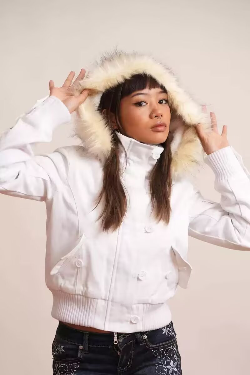 White jacket with a cream fur trimmed hood and ribbed knit collar and hem, image for the White option in size L