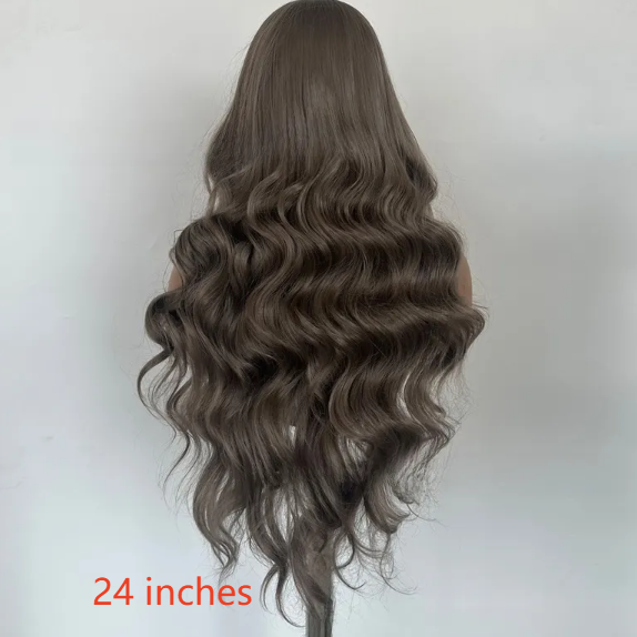 Back view of the 24 inch wavy gray brown synthetic wig, photo used for the 24 inches option