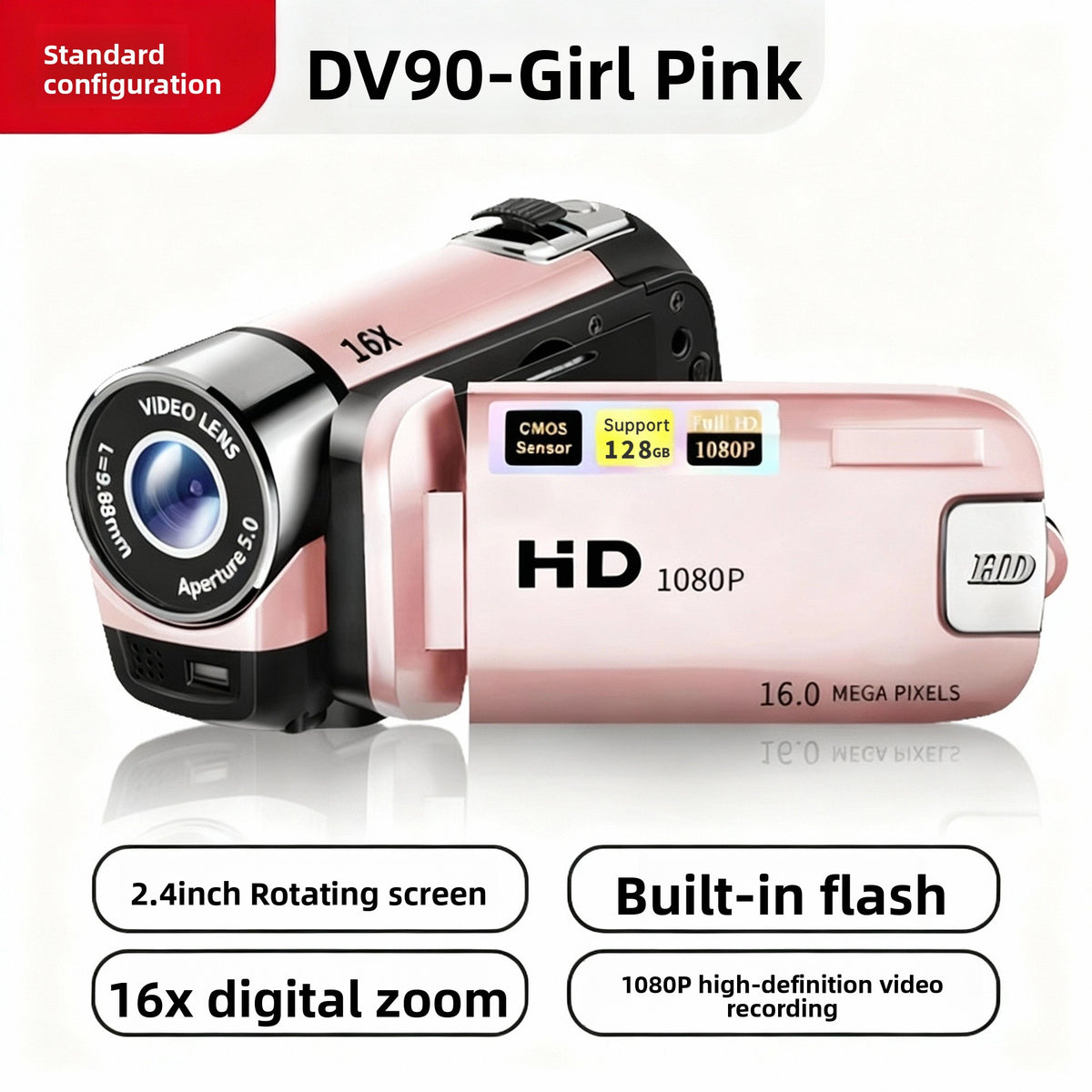 Pink DV90 camera labeled girl pink with 16X lens, 2.4 inch rotating screen, built in flash and 16x digital zoom