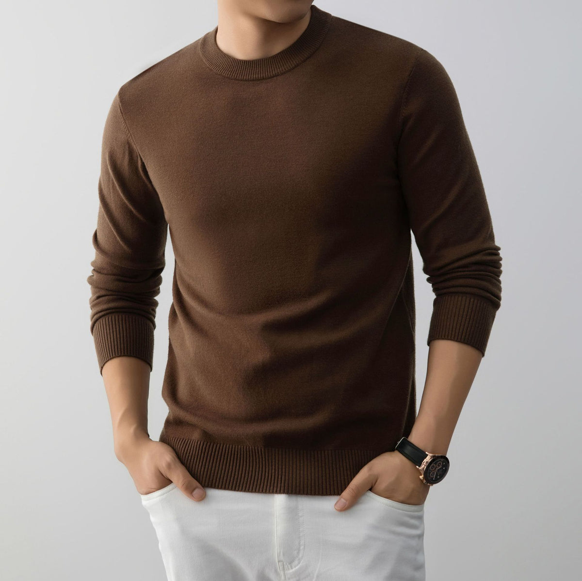 Brown slim fit crew neck knit sweater, option photo for size 185 (3XL)