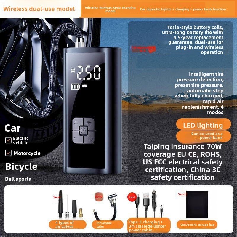 Dual use tire inflator version with cigarette lighter, Type C charging and power bank accessories