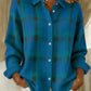 Navy blue option photo of a bright teal blue knit cardigan with a green plaid check, shirt collar, size XL