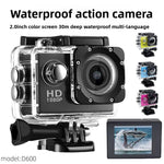 Black action camera in its clear case beside colour options and a screen view