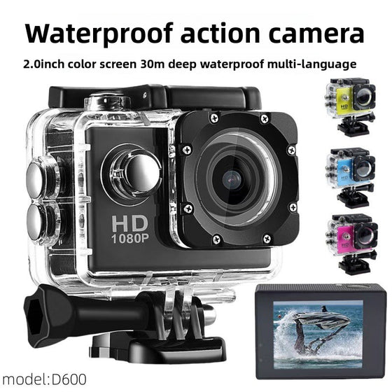 Action Camera with 2 Inch Screen, Waterproof Case and Mount