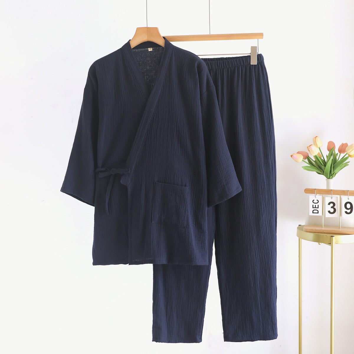 Navy women's style kimono style cotton gauze pajama set with side tie and patch pocket, size L variant image