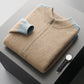 Folded camel wool zip cardigan with light blue cuff and a watch on a dark surface, Purple Velvet option, size XL