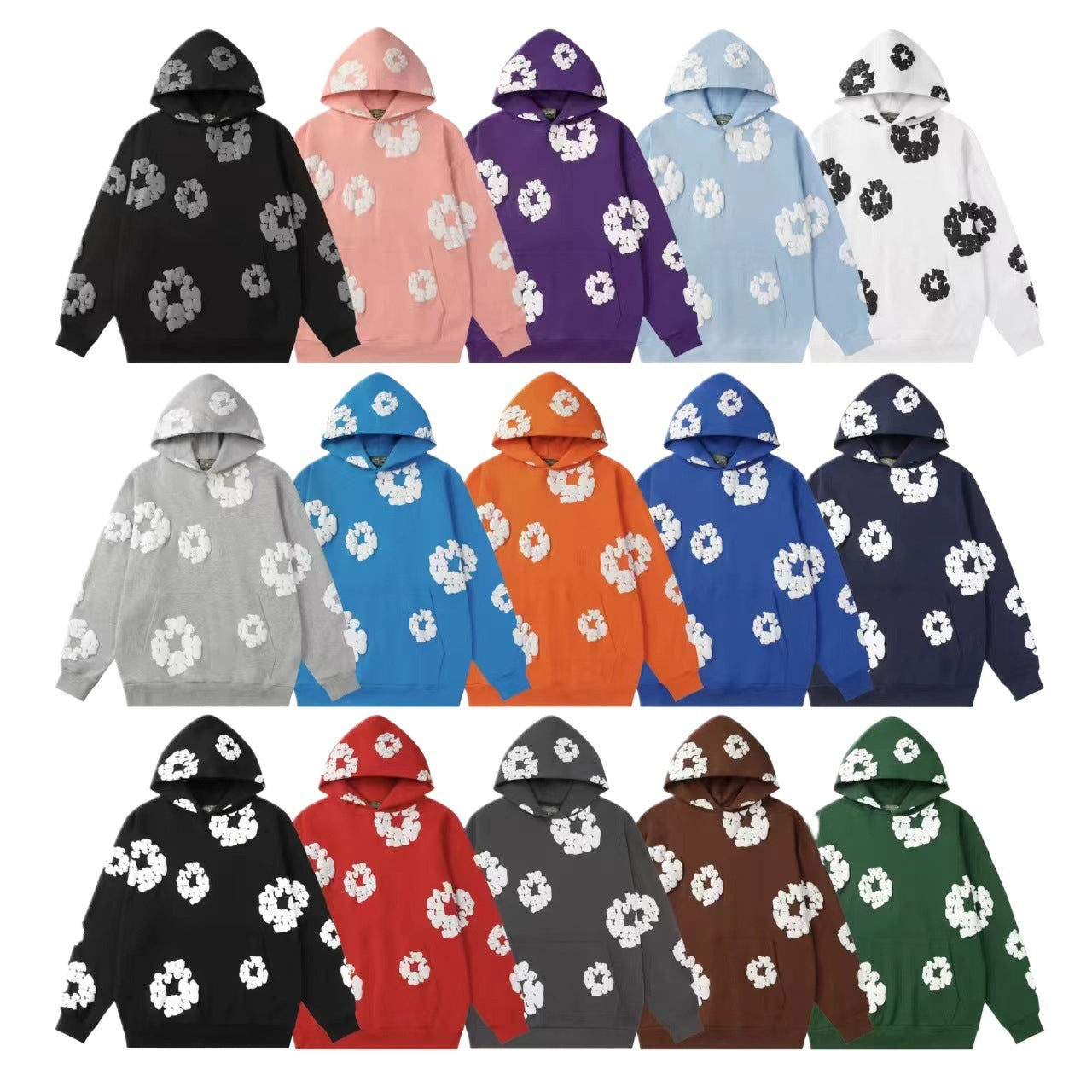 Fifteen colourways of the cotton wreath print pullover hoodie shown side by side