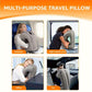 Four scenes of the gray inflatable travel pillow used on an airplane, a high speed train, at an office desk, and in a car