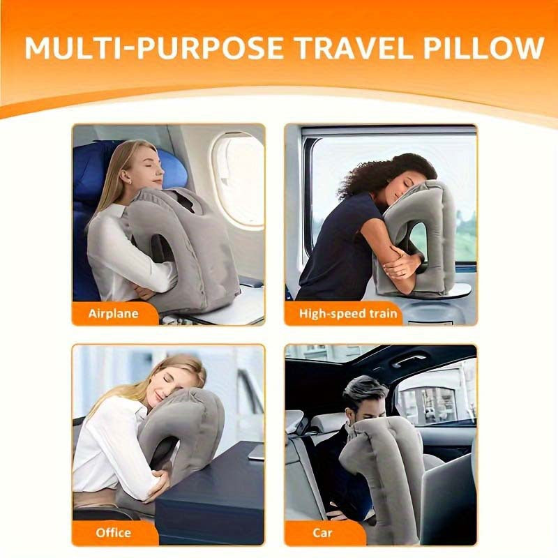 Four scenes of the gray inflatable travel pillow used on an airplane, a high speed train, at an office desk, and in a car