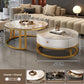 Round nesting tables, gold frame, white cabinet, veined white stone tops, labeled 70 CM and 50 CM