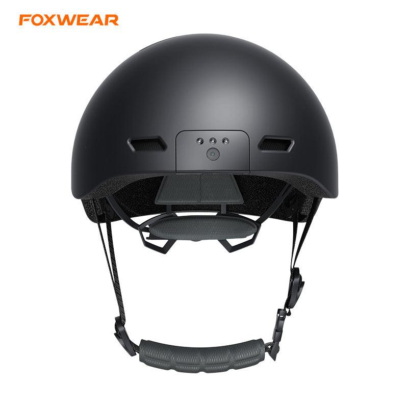 Black Foxwear camera helmet front, camera lens, record button and padded chin strap