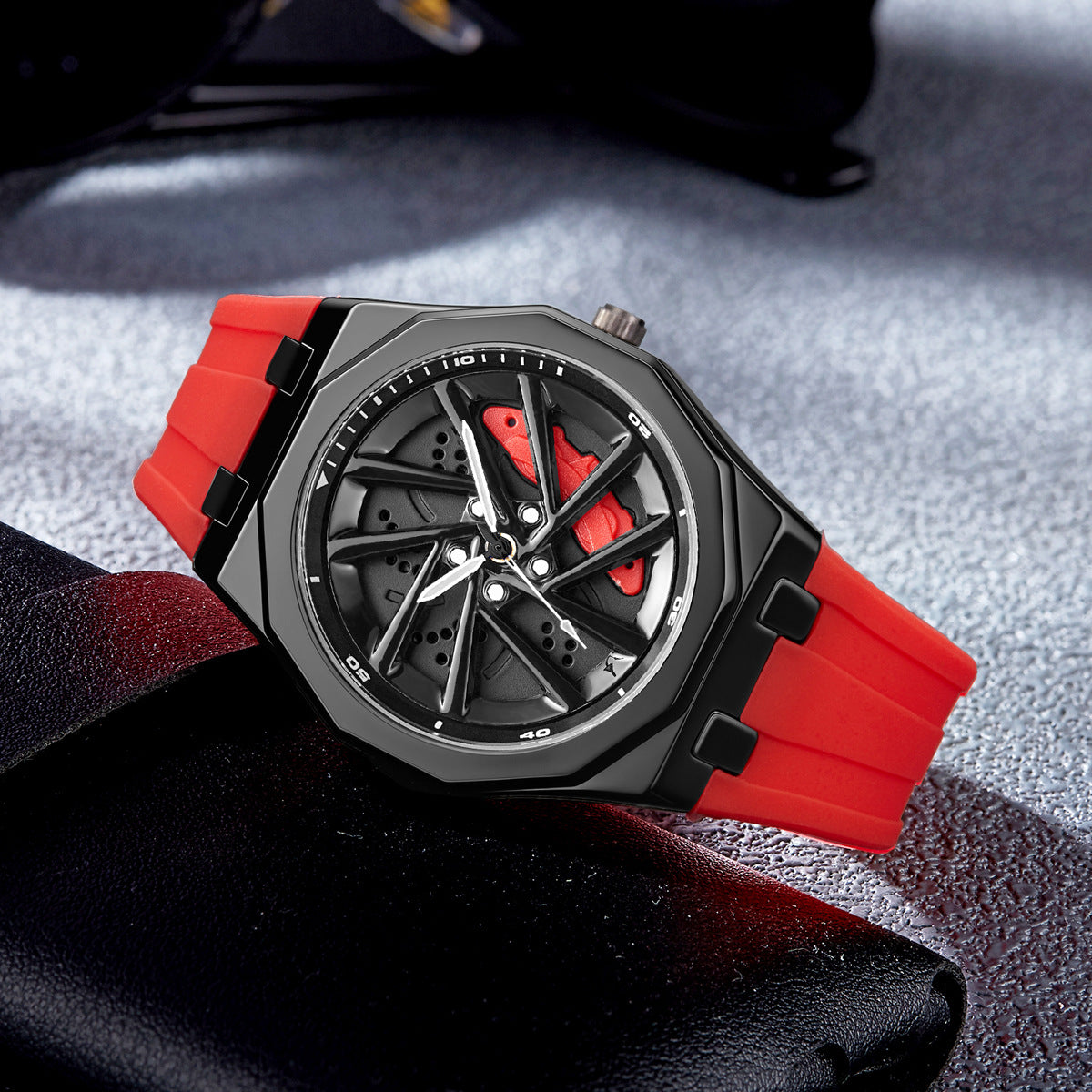 Car wheel dial quartz watch styled with a casual daily outfit