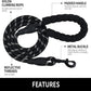 Braided rope dog leash with reflective strands woven through and a padded foam handle