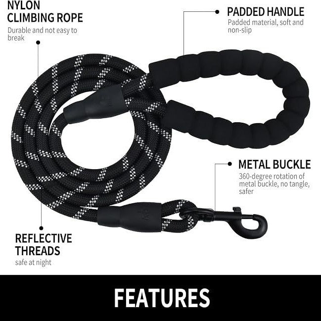 Braided rope dog leash with reflective strands woven through and a padded foam handle