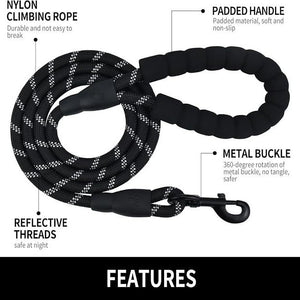 Braided rope dog leash with reflective strands woven through and a padded foam handle