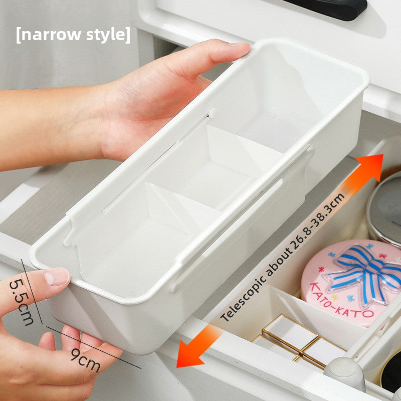 Narrow style retractable drawer organizer box held in hand