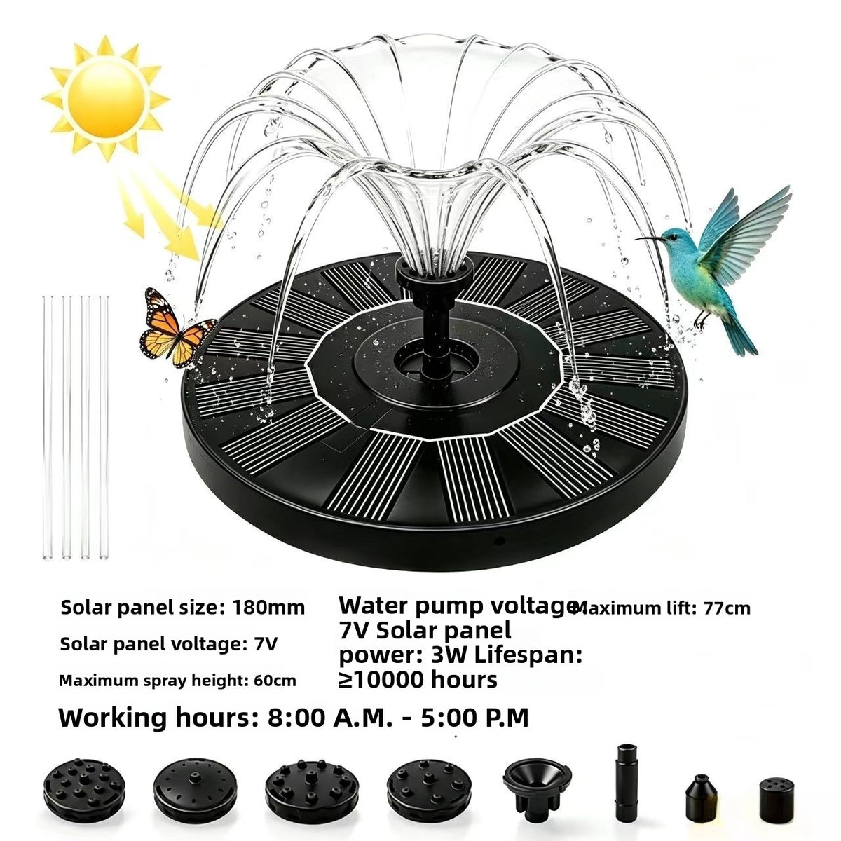 Solar fountain spec panel with 180mm panel, 7V, 3W, 60 cm spray height and black nozzles, option with battery