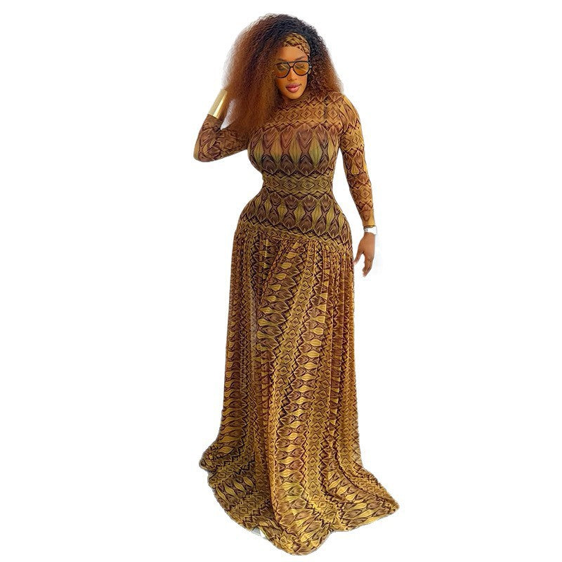 Full length geometric print mesh maxi dress falling to the floor on a standing model