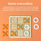 Wooden tic tac toe game with printed play instructions, orange crosses and white rings on a wood board