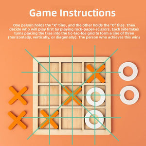 Wooden tic tac toe game with printed play instructions, orange crosses and white rings on a wood board