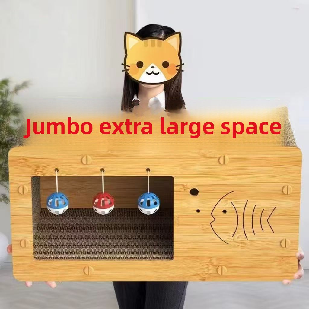 Jumbo long cardboard cat scratcher box with a fish bone cutout and three coloured play balls inside