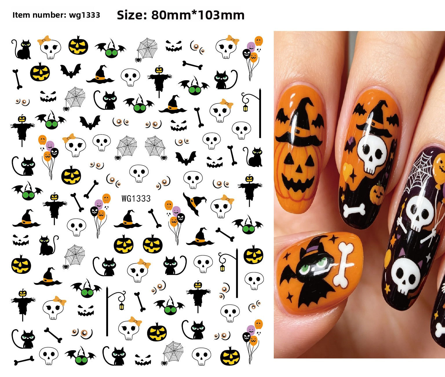 Halloween nail decals shown as a finished manicure with skulls and pumpkins