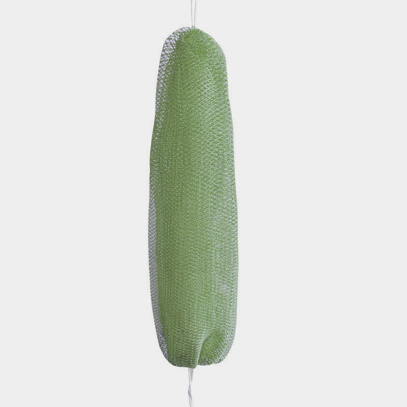 Long stretchy exfoliating bath net with a rope handle at each end