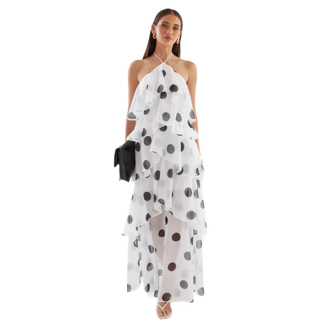 Orange floral tiered chiffon maxi dress shown full length