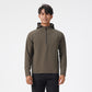 Man in an army green half zip hooded sweatshirt with a zipped chest pocket, front view for size 4XL