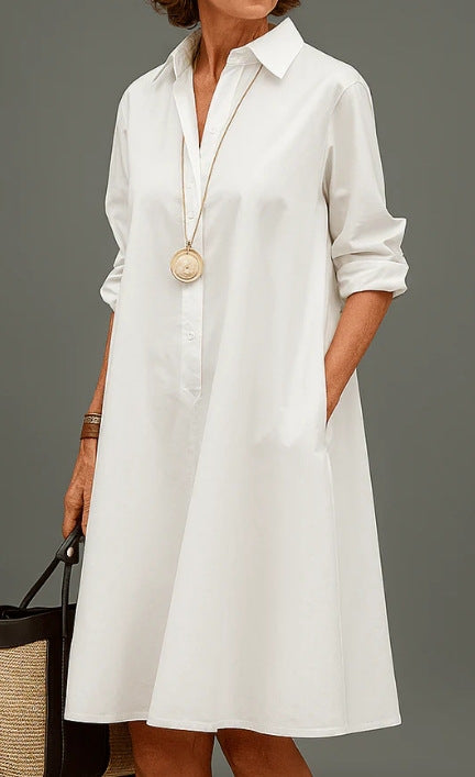 White polyester shirt collar long sleeve A-line midi dress on a standing model