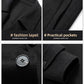 Four close-ups of the black wool coat showing the notch lapel, a pocket, a coat button and a buttoned cuff strap