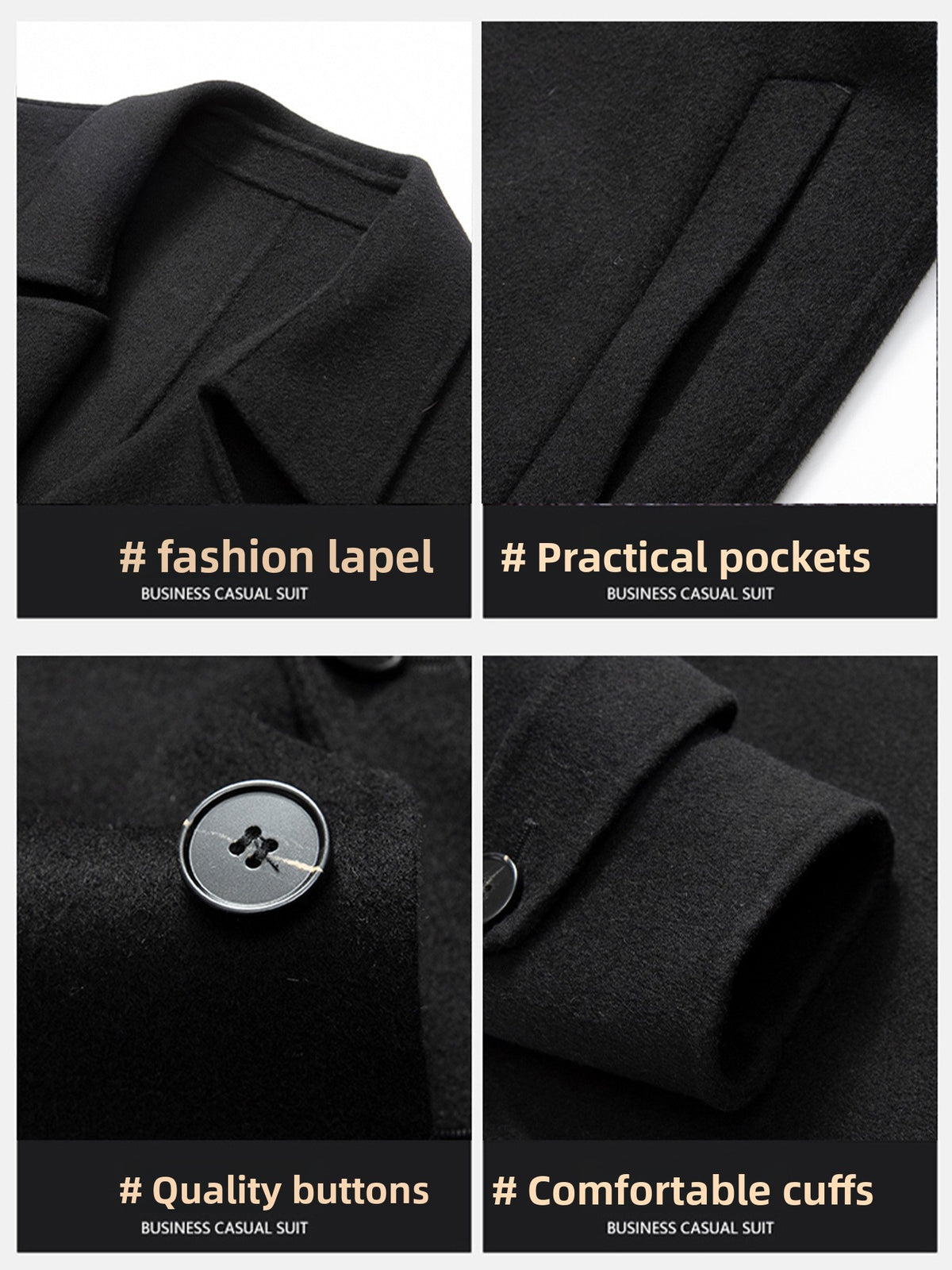 Four close-ups of the black wool coat showing the notch lapel, a pocket, a coat button and a buttoned cuff strap