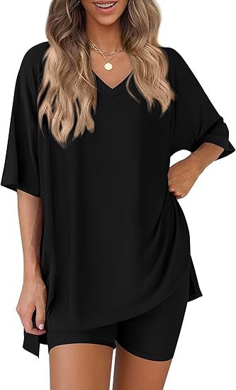 Black milk silk V neck loungewear set, oversized top and matching shorts, size M